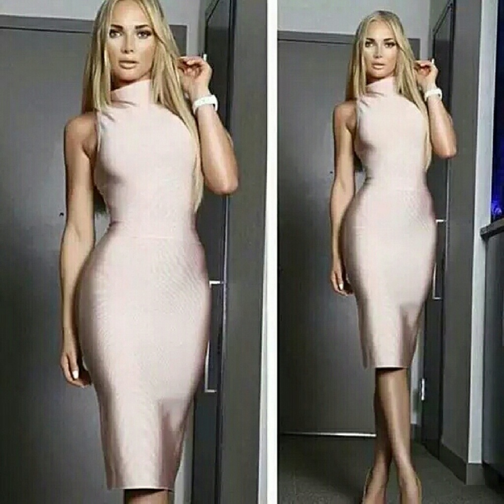 Mock neck midi bandage bodycon dress